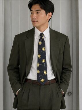 Giorgio Armani Navy Tie with Yellow Floral Burst Pattern